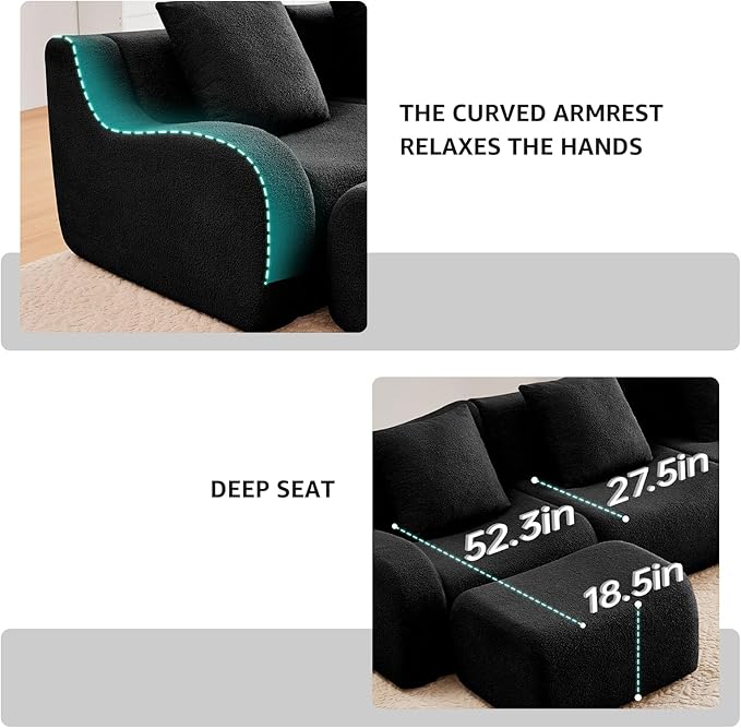 Black Modular Cloud Couch Loveseat with 1 Ottoman, Teddy Fabric Boneless Sectional Sofa in a Box, Comfortable Floor Sofa for Living Room, No Assembly Required, Sofas para Sala