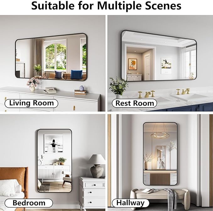 Koonmi Bathroom Mirror, 30X55 Inch Black Metal Framed Mirror for Bathroom, Tempered Glass, Anti-Rust, Rounded Rectangle Mirror for Restroom, Bedroom, Black