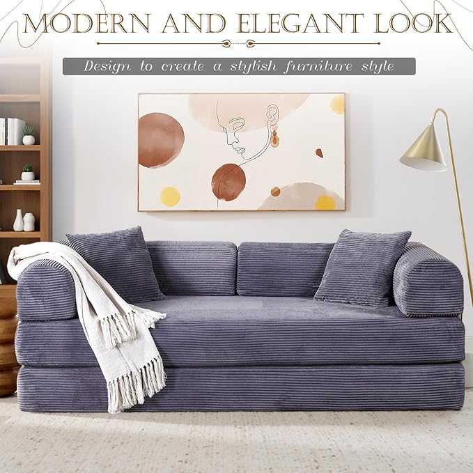 Antetek Convertible Futon Sofa Bed, 3-Seater Modern Corduroy Foam Floor King Size Bed Fold Out Sleeper Lounge Loveseat Sofa Couch with 2 Throw Pillows for Living Room Bedroom Guest Room, Light Grey