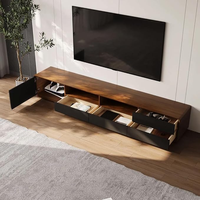 Modern 94" Solid Wood TV Stand, Lowline Media Console with 4 Drawers, Open Storage Cabinet, Walnut Veneer, Fully-Assembled (TV Stand Only)