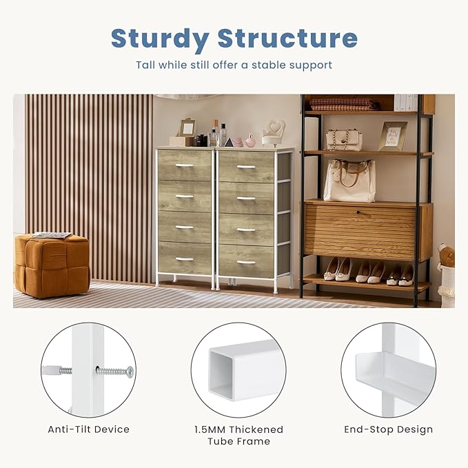 DUMOS Nightstand with 4 Drawers Bedside Table with Removable Fabric Bins Sturdy Steel Frame Wood Top Organizer Furniture for Bedroom Closet Living Room,Oak Greige