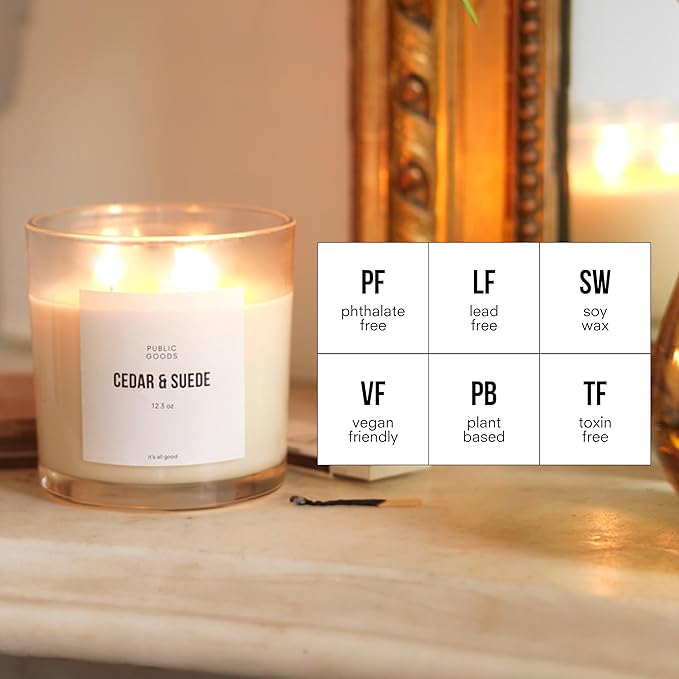Public Goods Scented Soy Candle for Women & Men | Large 3 Wick Glass Candle | Long Lasting & Non Toxic | Made with Natural Soy Wax & Organic Essential Oils | Gift Box | 12.3oz Jar | Cedar & Suede