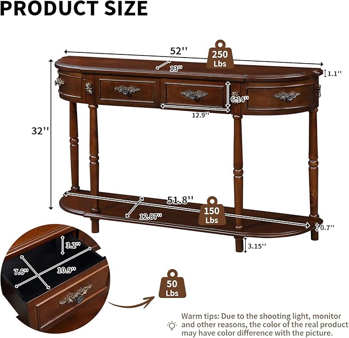 HMFULE Retro Curved Console Table, 52" Half Moon Console Table Sofa Table Entryway Table with 2 Drawers 1 Open Shelf Solid Pine Legs for Living Room,Entryway,Hallway,Cherry