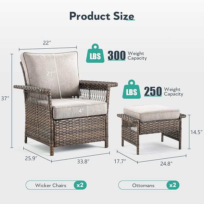 4 Pieces Wicker Patio Furniture Set - Hollow Widen Armrests Comfy Outdoor Rattan Chairs with Ottomans, Small Patio Convention Set for Balcony Porch Deck and Yard - Brown/Beige