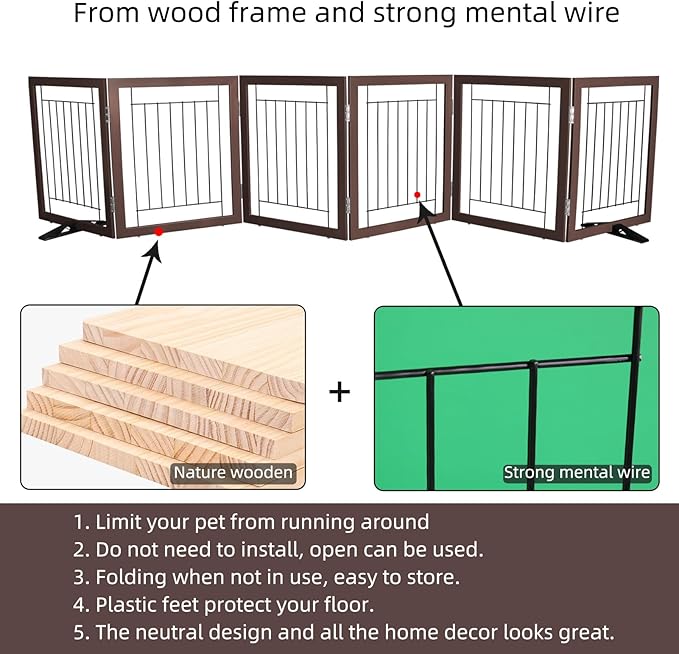 ZJSF Freestanding Dog Gate Indoor, Foldable Dog Fence for Doorways,Hallways or Stairs, Sturdy Wood Extra Wide Pet Gate with Support Feet,Brown,32 "Height-6 Panels