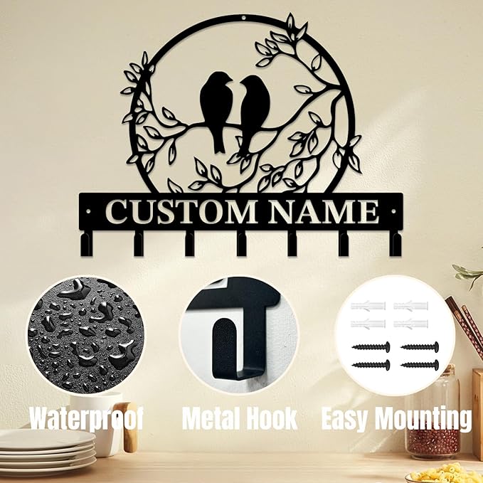 Personalized Custom Name Birds of Trees Wall Key Hooks,Metal Birds of Trees Art Clothes Hooks,Metal Birds of Trees Wall Home Storage Decorative,For Front Door, Hallway, Kitchen, Bedroom (Style F)