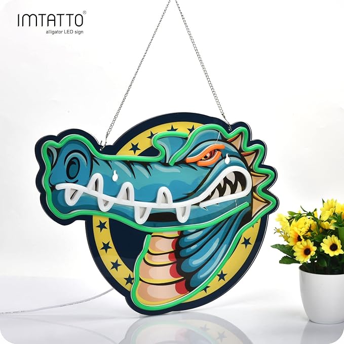 IMTATTO Alligator neon sign crocodile LED light for wall decor, USB powered, bar pub store club garage bedroom, home artwork