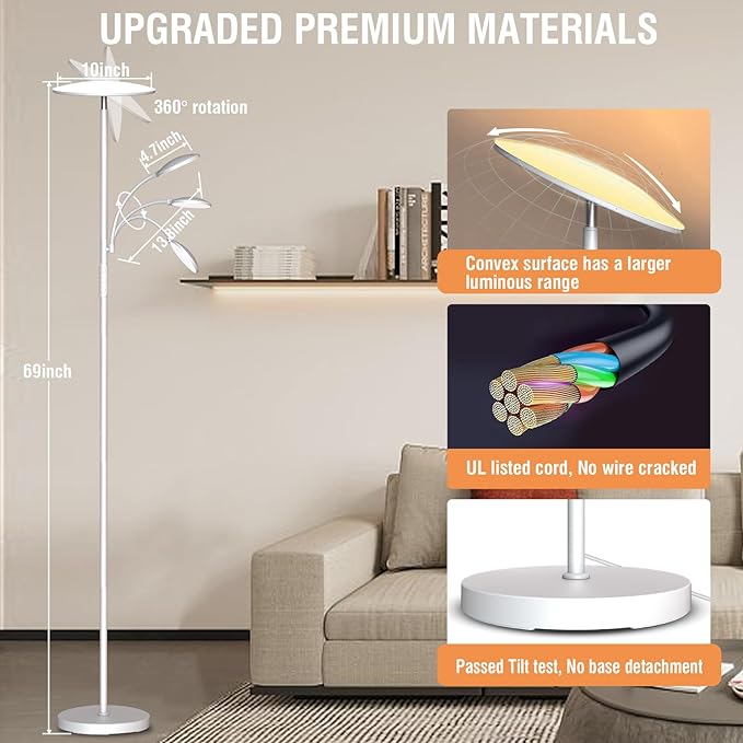 White Floor Lamps for Living Room, 44W/4500LM Super Bright 2 in 1 LED Floor Lamp with Remote, Stepless Dimmable, 69" Tall Standing Floor Lamp with Bendable Reading Light for Bedroom Office