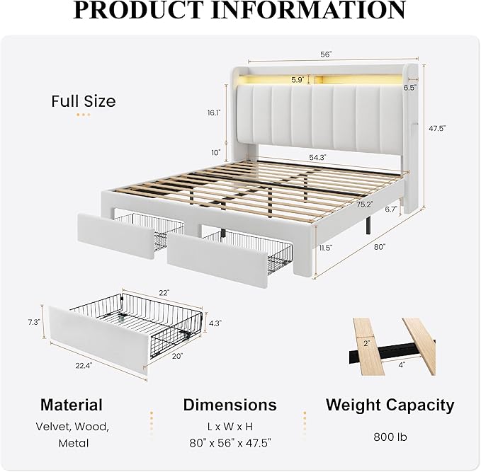 SHA CERLIN Velvet Full Size Bed Frame with Vertical Channel Tufted Wingback Headboard & 2 Storage Drawers/2-Tier Shelves with LED Lights & Charging Station/Noise-Free/No Box Spring Needed/White