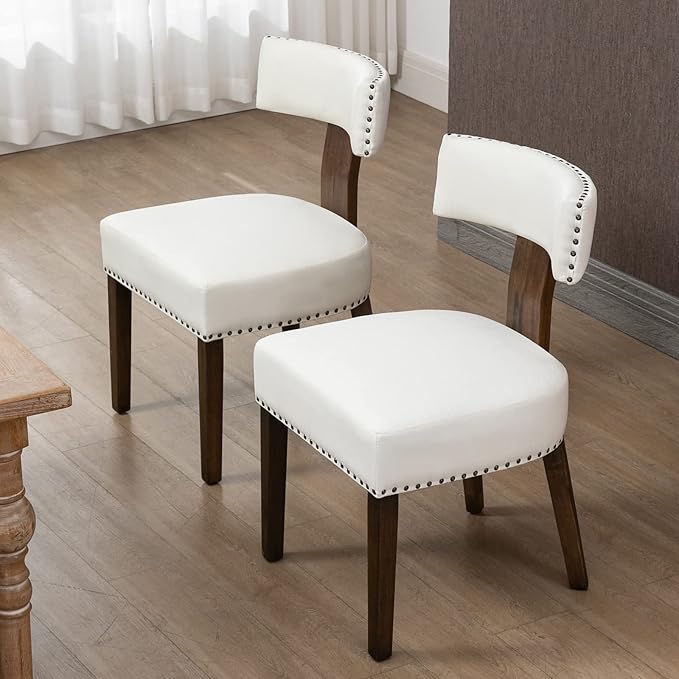Upholstered Wooden Farmhouse Dining Chairs Set of 6, Mid-Century Modern Fabric Dining Room Chairs with Wood Legs, Curved Backrest Kitchen Chair Armless for Kitchen/Restaurant/Cafe, Beige