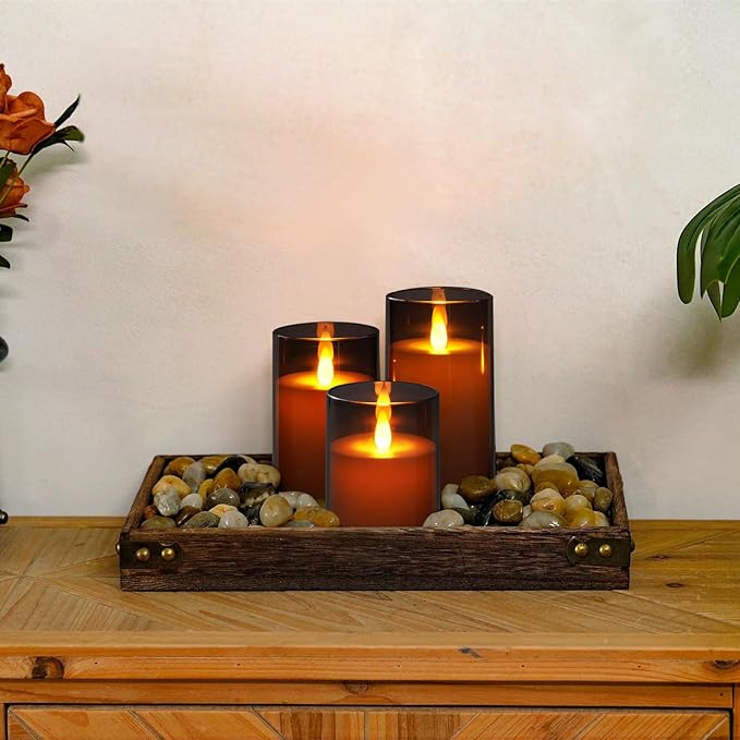 Homemory Realistic Flickering Flameless Candles Battery Operated, LED Fake Electric Candles with Remote Control and Timer for Home, Christmas Decoration, Grey, Set of 3