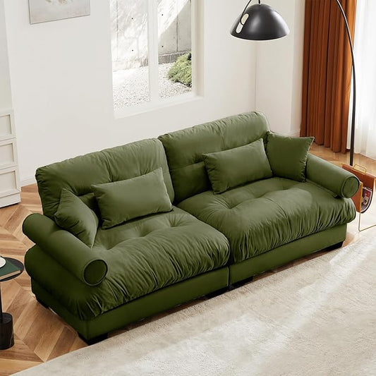93.7” Loveseat Sofa, 2 Seater Modular Sectional Sofa, Olive Large Sectional Couches for Living Room, Fluffy Couch Set, Love Seat, Velvet Cloud Couch with 4 Pillows, Deep Seat Sofas for Living Room