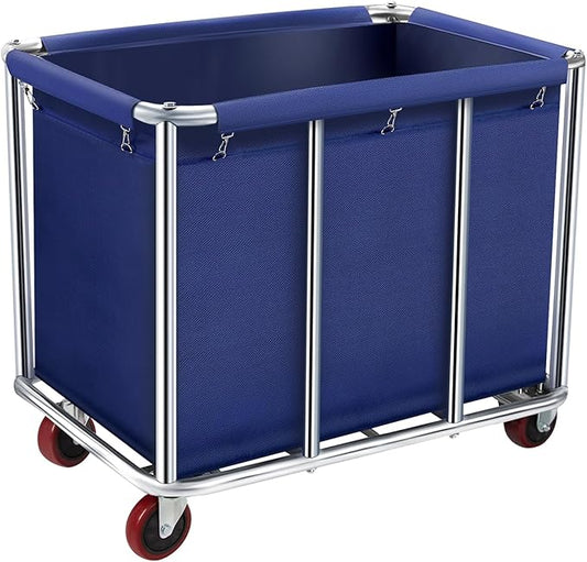 Commercial Laundry Cart with Wheels, 11.35 Bushel Large Laundry Tumbler with Removable Waterproof Canvas Lined Basket, Heavy Duty Stainless Steel Laundry Basket for Hotels and Hospitals