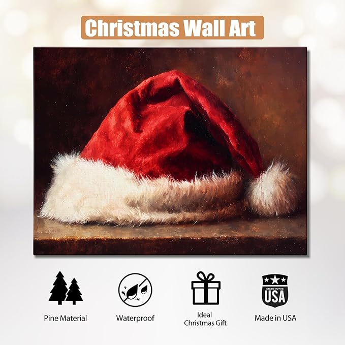 AbcCustomize Vintage Red Santa Hat Christmas Wall Art - Festive Christmas Canvas Prints with Wood Frame, Cozy Winter Decor for Livingroom Bedroom, Unique Christmas Gifts & Winter Home Decor