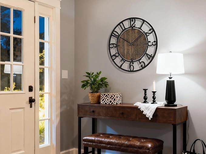 Large Wall Clocks, 24" Black Oversized Wall Clocks for Living Room by Battery Operated, Decorative Farmhouse Silent Walls Clock with Metal Arabic Number for Office, Classroom, Bedroom