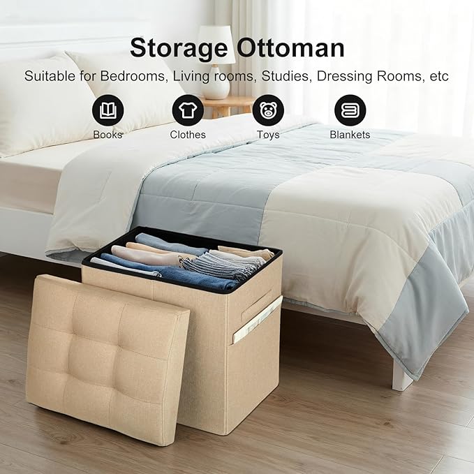 Ottoman with Storage, Small Storage Ottoman Foot Rest with Thicker Foam Padded Seat. 61L Slim Tall Foldable Linen Cloth Foot Stool for Living Room Bedroom, 300lbs Weight Support, 17x13x13IN, Beige