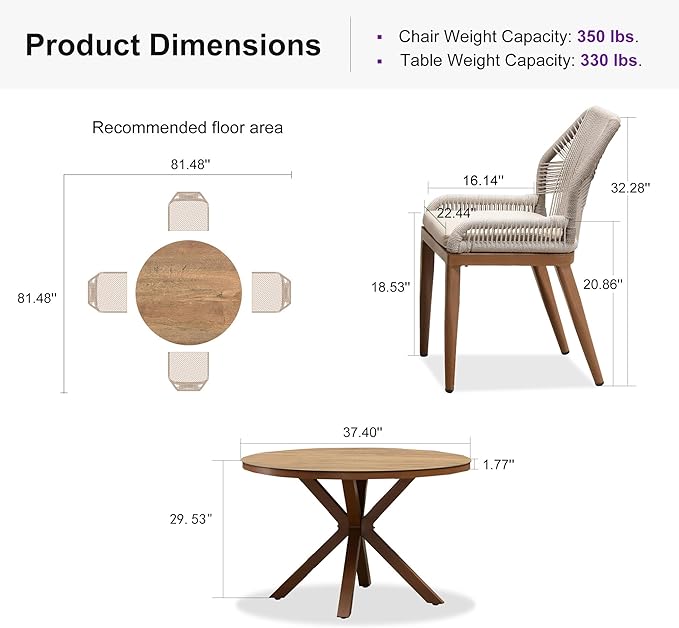 PURPLE LEAF 5 Pieces Round Dining Set Patio Aluminum Modern Round Table and Wicker Chairs with Cushions for Kitchen Porch Garden Outdoor Furniture Sets