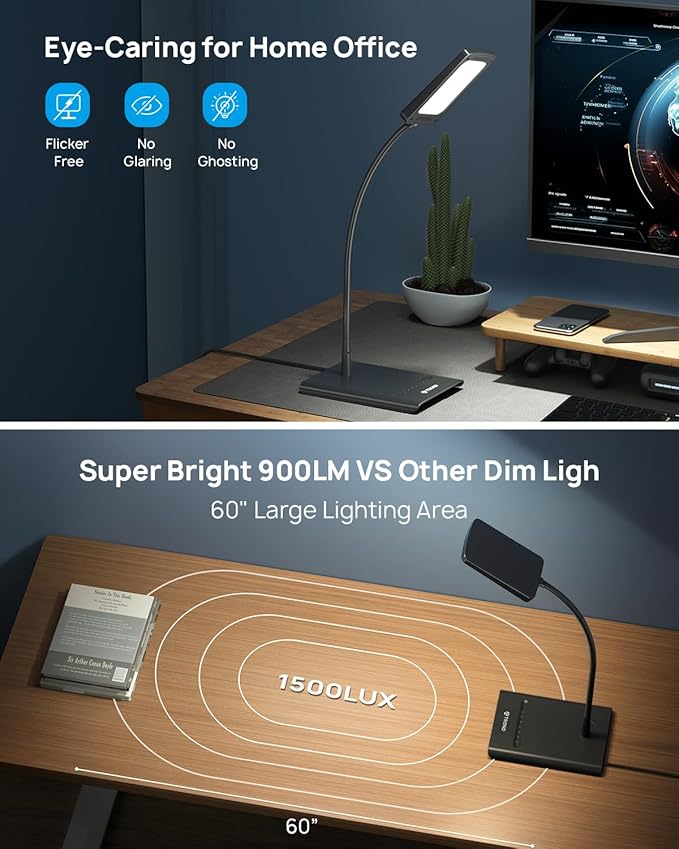 TROND Desk Lamp, Bright Dimmable Eye-Caring Table Lamp, 3 Color Modes 7 Brightness Levels, Flexible Gooseneck, Touch Control, Memory Function, Desk Light for Home Office Dorm Room Essentials