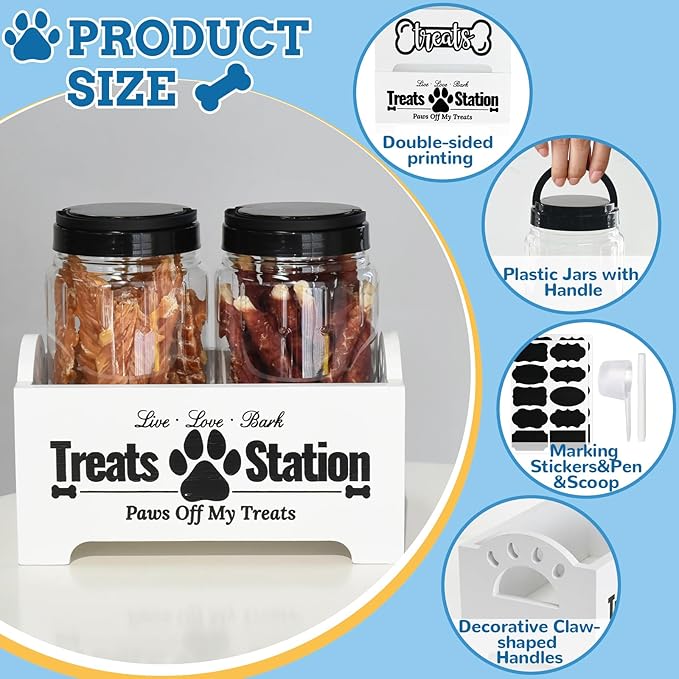 Dog Treat Container Dog Food Container for Dog Food Storage, Farmhouse Cat Food Container Pet Food Storage Organizer, Wood Dog Treat Holder with 2 Plastic Cat Dog Treat Jars, White Cat Treat Container