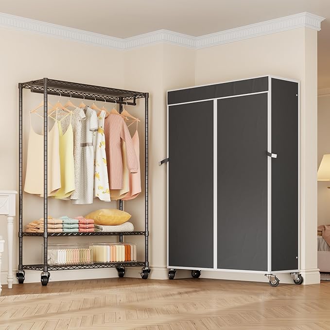 H4 Plus Rolling Garment Rack with Cover, Heavy Duty Clothes Rack with Wheels, Portable Closet for Hanging Clothes, Wardrobe Closets Organizer Storage, Black Closet Rack with Black Fabric Cover