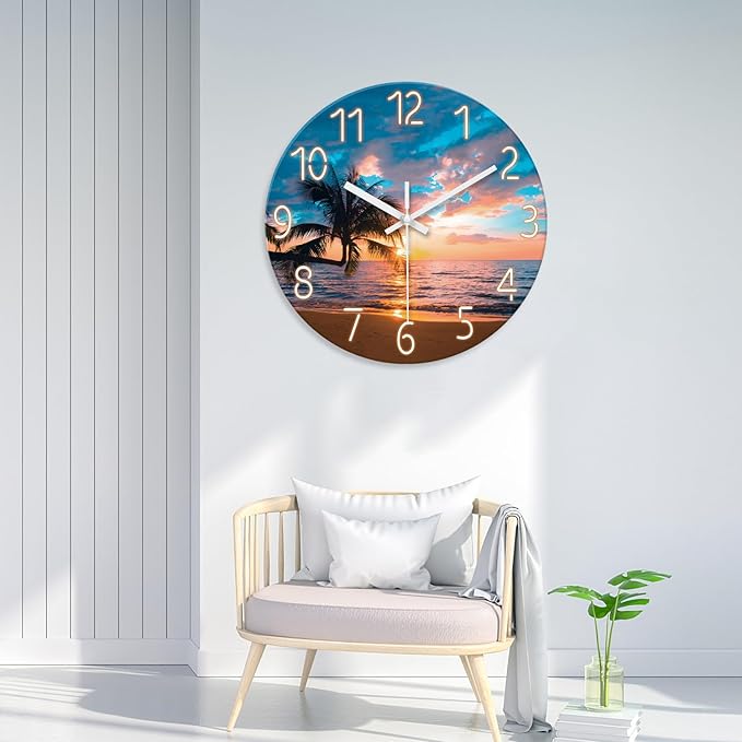 XFM Large Beach Wall Clock 24 Inch Palm Tree Silent Wall Clocks Battery Operated Sunset Glass Coastal Wall Clock for Living Room Bedroom Kitchen Office