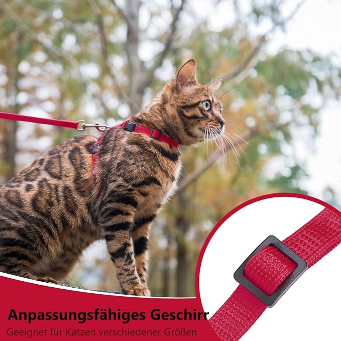 PUPTECK Adjustable Cat Harness and Leash Set Escape Proof Kitten Strap Collar for Walking Travel, Red, M
