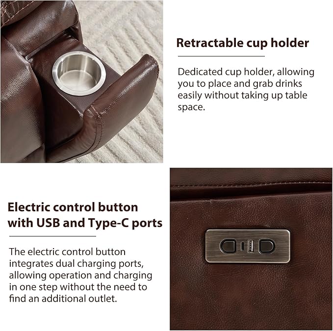 CANMOV Genuine Leather Recliner Chair, Power Single Reclining Sofa with Comfortable Arms and Back, Modern Electric Recliner Couch Set with Hidden Cup Holders,USB,Type C Port for Living Room,Dark Brown