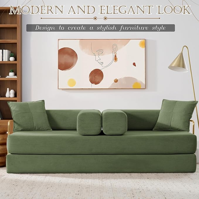 Antetek Convertible Futon Sofa Bed, 3-Seater Modern Corduroy Foam Floor King Size Bed Fold Out Sleeper Lounge Loveseat Sofa Couch with 2 Throw Pillows for Living Room Bedroom Guest Room, Army Green