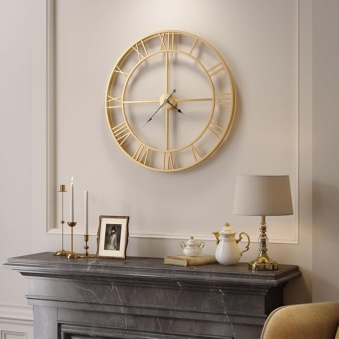 Gold 30 Inch Extra Large Wall Clock for Living Room Kitchen Mantel, Battery-Operated Metal Roman Number Round Decorative Big Clock for Bedroom, Silent Non-Ticking