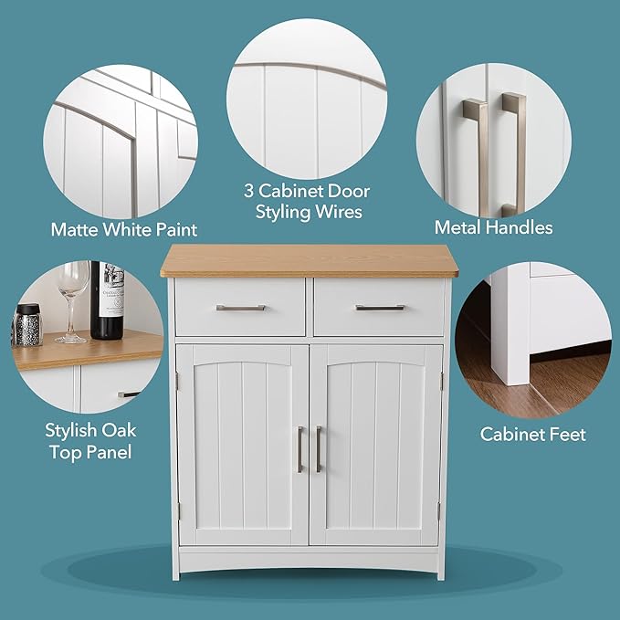 Buffet Cabinet with Storage, Coffee Bar Cabinet 26 x 30 Inches, Oak Top Sideboard Cabinet, Matte White Finish, Anti-Fall Drawers, Arched Doors, Adjustable Shelves