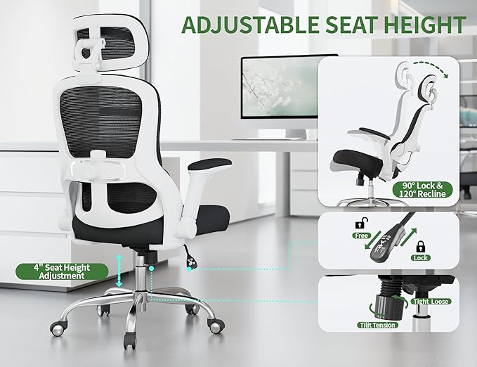 Ergonomic Office Chair - Computer Desk Chair with Adjustable Lumbar Support - 400lbs Executive Desk Chair High Back with Headrest Flip-Up Arms for Long Hours, Rolling Chair (White Black)
