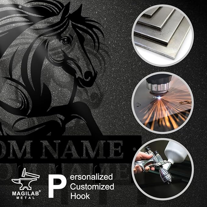 Personalized Custom Name Farm Horse Wall Key Hooks,Metal Horse Art Clothes Hooks,Metal Horse Wall Home Storage Decorative,For Front Door, Hallway, Kitchen, Bedroom,Keys,Hats (Style J)