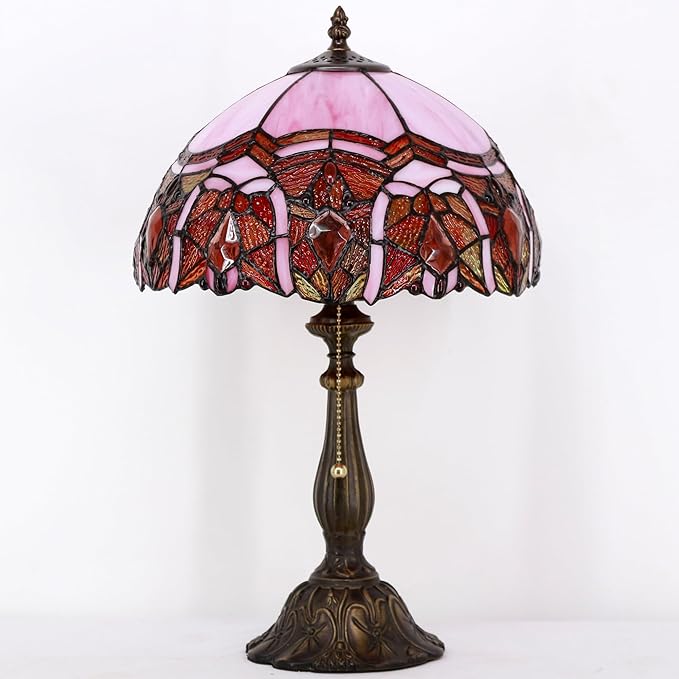 Tiffany Table Lamp Stained Glass Lamp 12X12X19 Inch Antique Reading Light (Pink Jewelry)