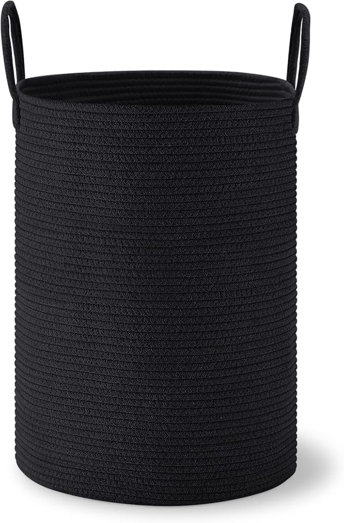VIPOSCO Large Laundry Hamper, Tall Woven Rope Storage Basket for Blanket, Toys, Dirty Clothes in Living Room, Bathroom, Bedroom - 72L Black