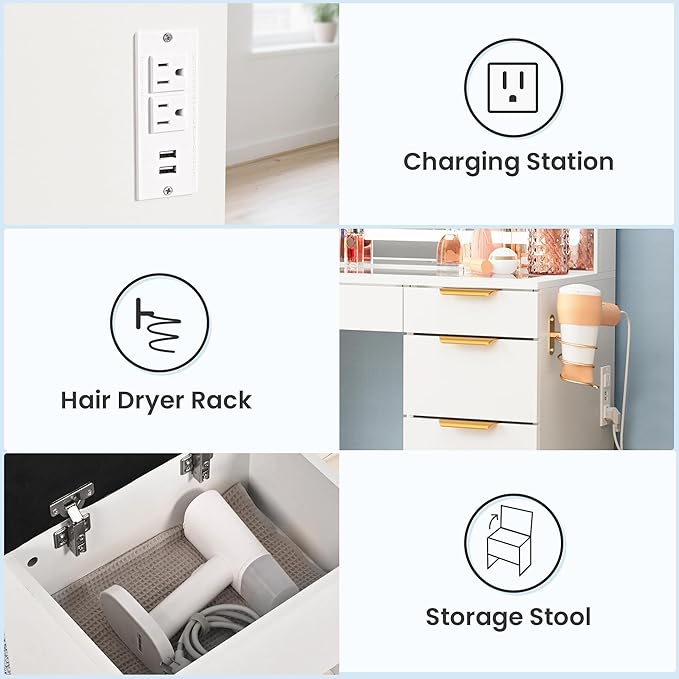 Pamapic Glass Top Vanity Desk with Mirror and Lights, 11 Drawers Makeup Vanity with Charging Station and Chair, Golden Handles Dressing Table, 3 Lighting Modes Makeup Table, White