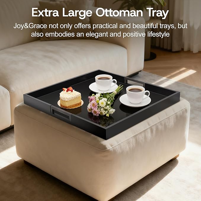 Joy&Grace Large Square Ottoman Tray for Living Room and Coffee Table 20 Inch Decorative Wooden Serving Tray with Handles for Breakfast in Bed, Dinner Food Kitchen TV (Black, 20" x 20" x 2")