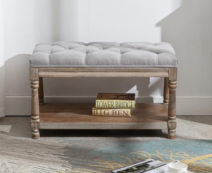 Kmax Storage Entryway Bench Tufted Shoe Rack Bench Wood Window Bench for Hallway Entrance Bedroom Corner-1 Seat, Gray