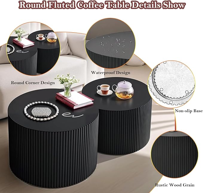 Black Round Fluted Coffee Table Set of 2 - Handcraft Embossed Design, Stylish Combination Center Drum Table for Living Room - No Assemble Needed (D-27.6IN+19.7IN)