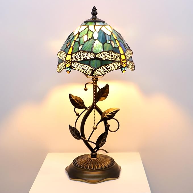 Small Tiffany Lamp Yellow Dragonfly Style Stained Glass Table Lamps Desk Bedside Reading Light 8X8X18 Inches with Bronze Metal Leaf Resin Base