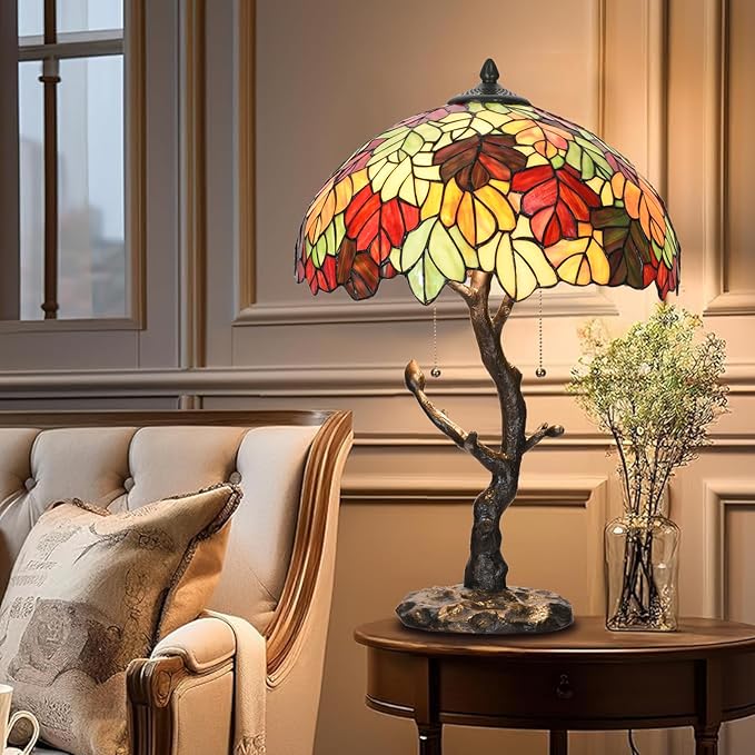TL0032 Maple Leaves Tiffany Table Lamp Bedside Stained Glass Shade Reading Desk Light 16 X 24.25 Inches for Bedroom Living Room Home Office, LED Blubs Included (TL0032 Maple Leaves)