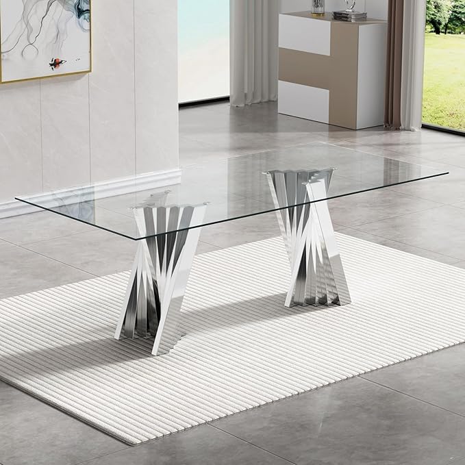 Goujxcy Modern 5 Piece Glass Dining Table Set Luxury Glass Kitchen Table and Chair Set for 4, 70" Large Rectangular Dining Room Table with 4 Tufted Chairs and Stainless Steel Legs (Silver & Blue)