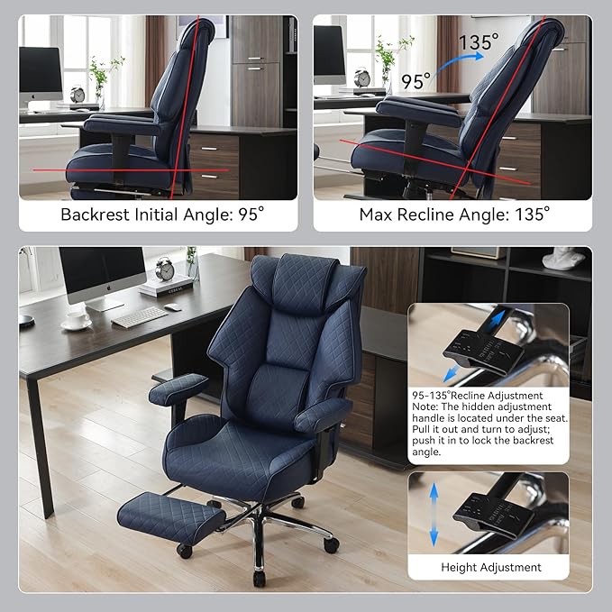 Big and Tall Office Chair with Footrest, PU Leather High Back Executive Office Chair 400lbs, Ergonomic Computer Chairs Lumbar Support for Heavy People (Blue)