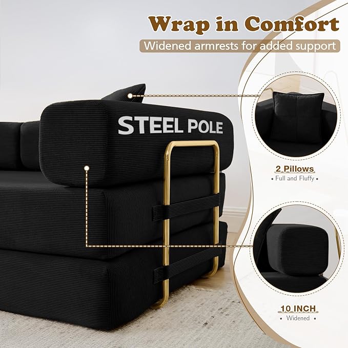 Antetek Convertible Futon Sofa Bed, 3-Seater Modern Corduroy Foam Floor King Size Bed Fold Out Sleeper Lounge Loveseat Sofa Couch with 2 Throw Pillows for Living Room Bedroom Guest Room, Black