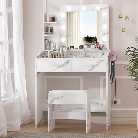 Vanity Desk with Mirror and Lights for Bedroom, Marble White Modern Makeup Table with 2 Drawers, 3 Light Modes & Dimmable LED, Includes Stool