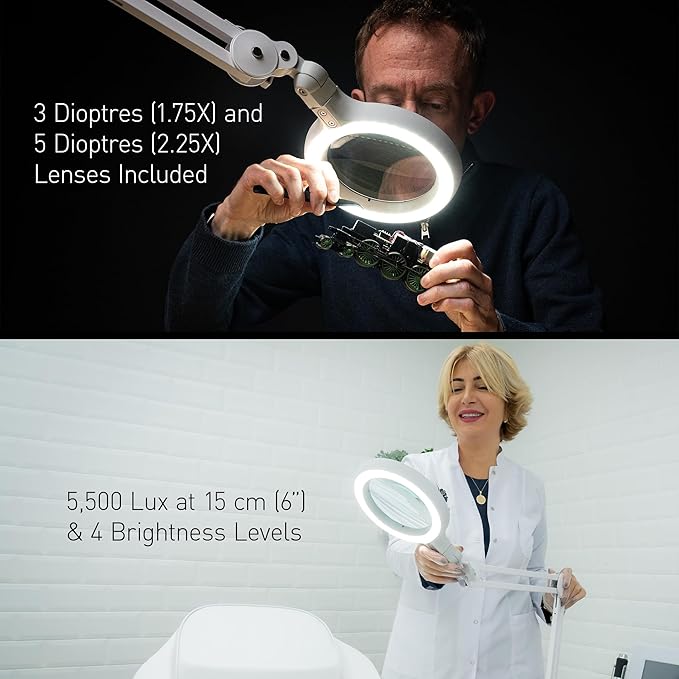 Omega 5 - Premium LED Magnifying Lamp with Interchangeable Glass Lenses, Adjustable Arm, and Dimmer Switch for Professionals in Health & Beauty, Model Making, and Low Vision Applications