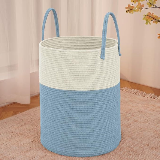 Large Woven Laundry Basket Hamper,60L Cotton Rope Storage Bin for Blankets,Toys and Clothes,Decorative Tall Nursery Hamper for Living Room,Baby Nursery,Bathroom and Bedroom,White and Blue