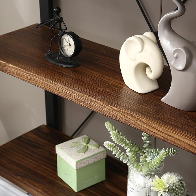 Solid Wood Bookshelf,4 Tier Rustic Vintage Industrial Etagere Bookcase, Open Metal and Wood Vintage Book Shelf, Retro Brown (RealWood)(4-Tier)