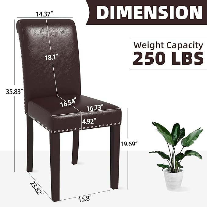 Westice Dining Room Chairs Set of 4 Upholstered PU Leather Kitchen Chairs Dining Room Side Chair with Nailhead Trim and Rubber Wood Legs for Small Space Apartment, Brown