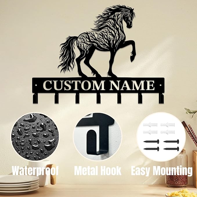 Personalized Custom Name Farm Horse Wall Key Hooks,Metal Horse Art Clothes Hooks,Metal Horse Wall Home Storage Decorative,For Front Door, Hallway, Kitchen, Bedroom,Keys,Hats (Style F)