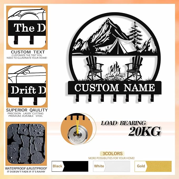 Personalized Camping Key Holder Wall Mount, Custom Metal Key Holder for Wall with Name, Custom Keys Rack Hanger with Hooks for Entryway, Front Door, Hallway, Living Room, Kitchen